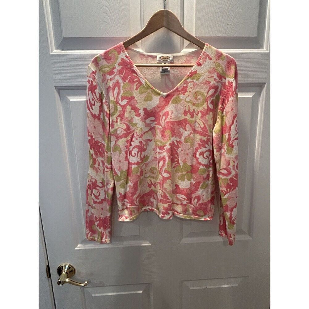 Talbots Women's Size M Pullover Sweater Pink Long Sleeve Floral Cotton Stretch